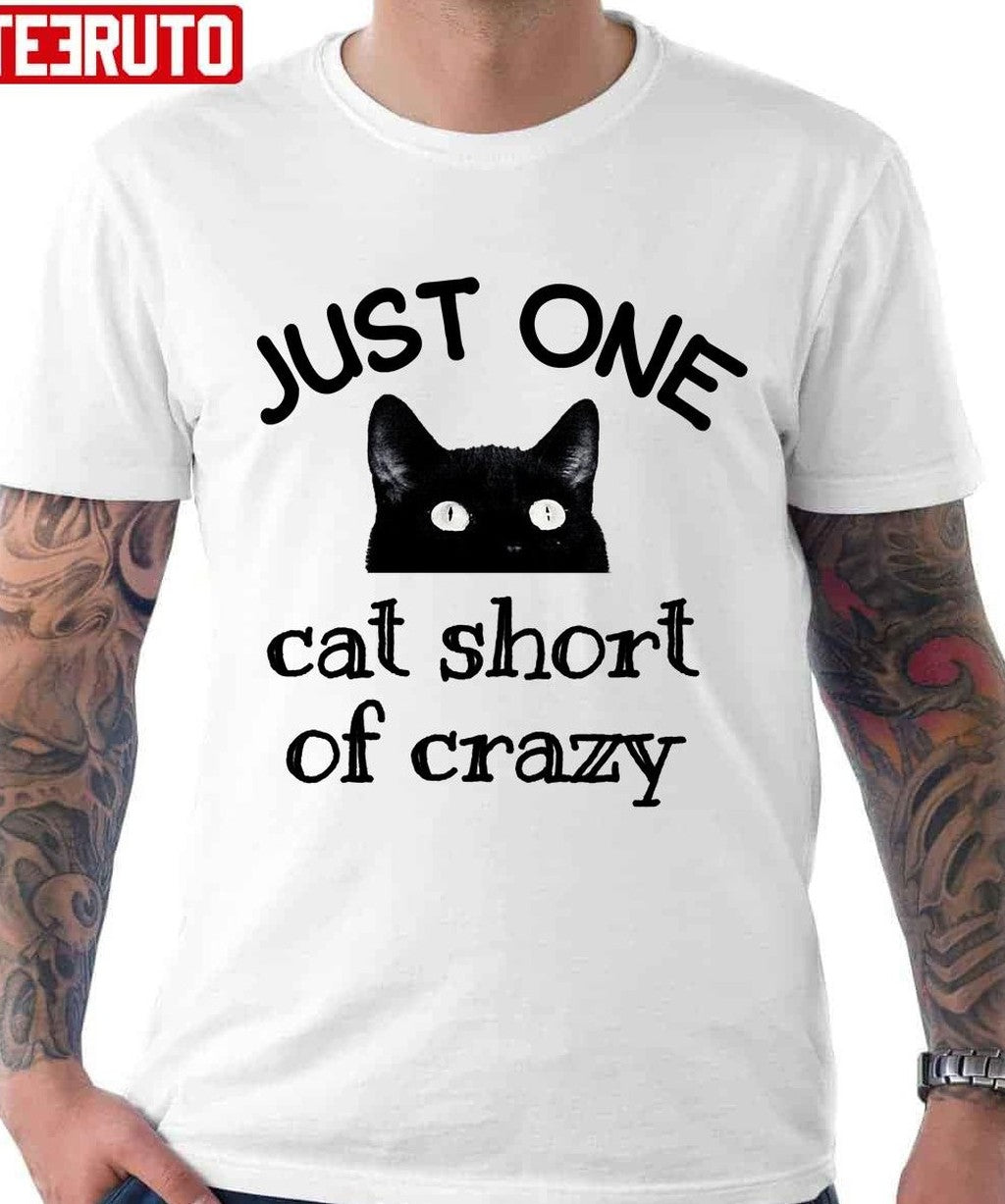 One Cat Short Of Crazy Funny Quote Black Cat Unisex T-Shirt Hoodie, Sweatshirt | VibeTeeNation.com (Image 1)