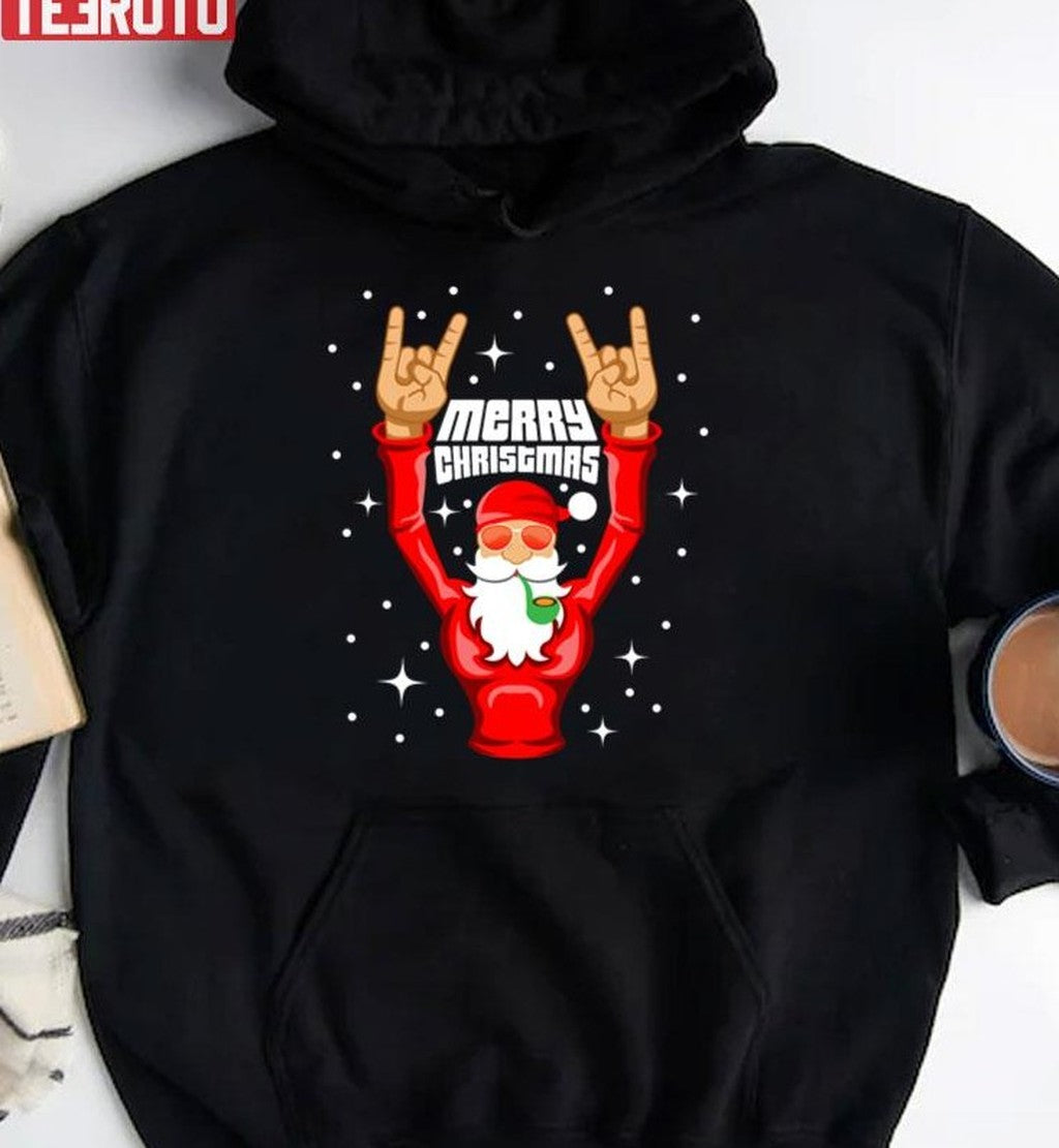 Rock And Roll Christmas Santa Claus Rocker Vintage Sweatshirt T-Shirts, Hoodie | VibeTeeNation.com (Image 3)