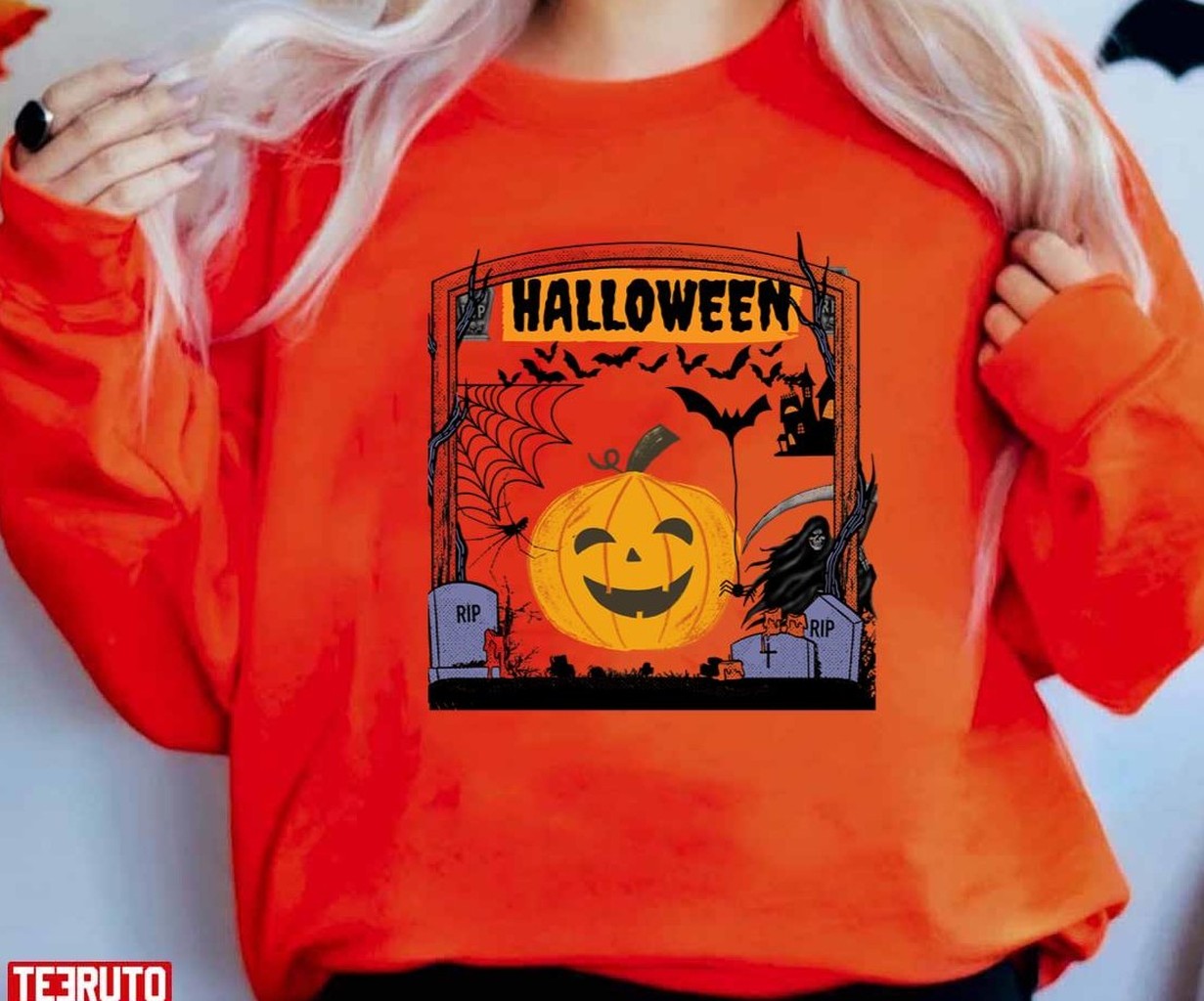 Pumpkin Head Bats Halloween Boooo Design Unisex Sweatshirt T-Shirts, Hoodie | VibeTeeNation.com (Image 3)
