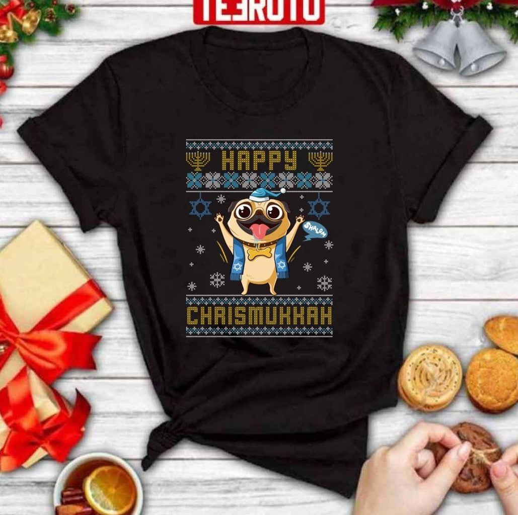 Pug Hanukkah Christmas Happy Chrismukkah Funny Unisex Sweatshirt T-Shirts, Hoodie | VibeTeeNation.com (Image 5)