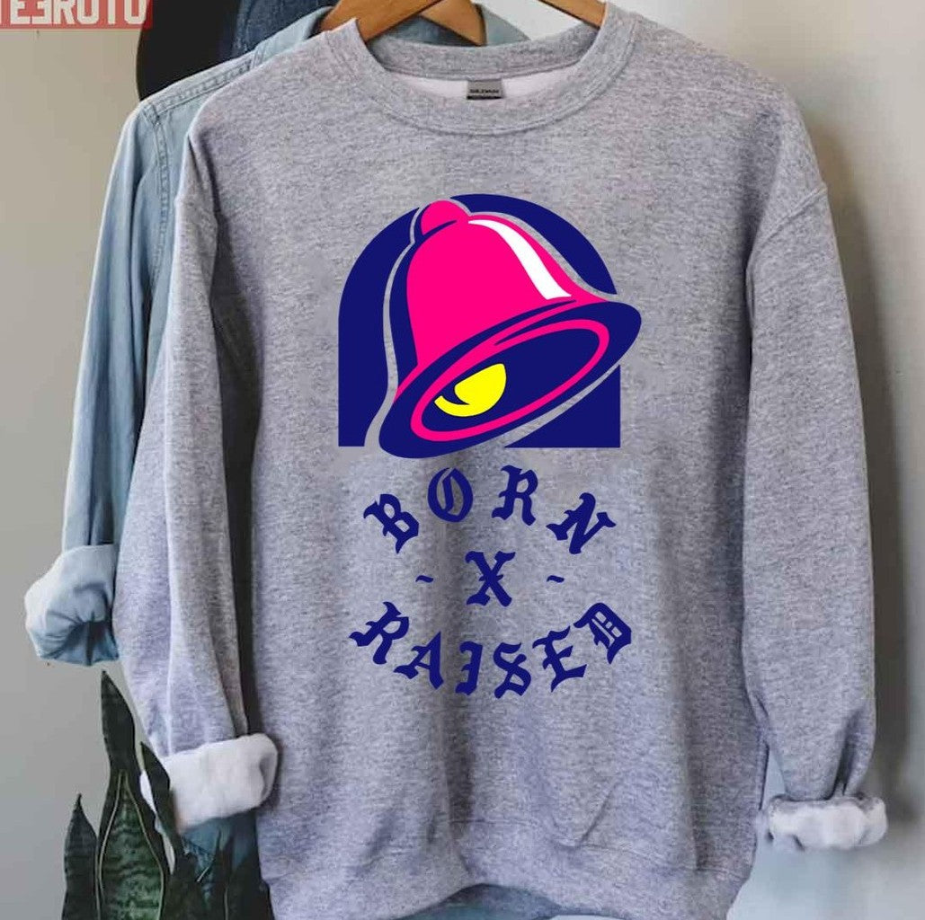 Tacos Purple Color Bell Born X Raised Unisex Sweatshirt T-Shirts, Hoodie | VibeTeeNation.com (Image 1)