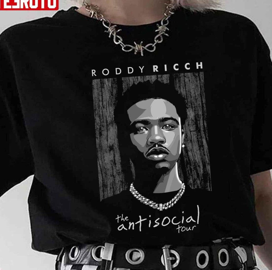 Antisocial Tours Retro Roddy Ricch Portrait Unisex T-Shirt Hoodie, Sweatshirt | VibeTeeNation.com (Image 1)