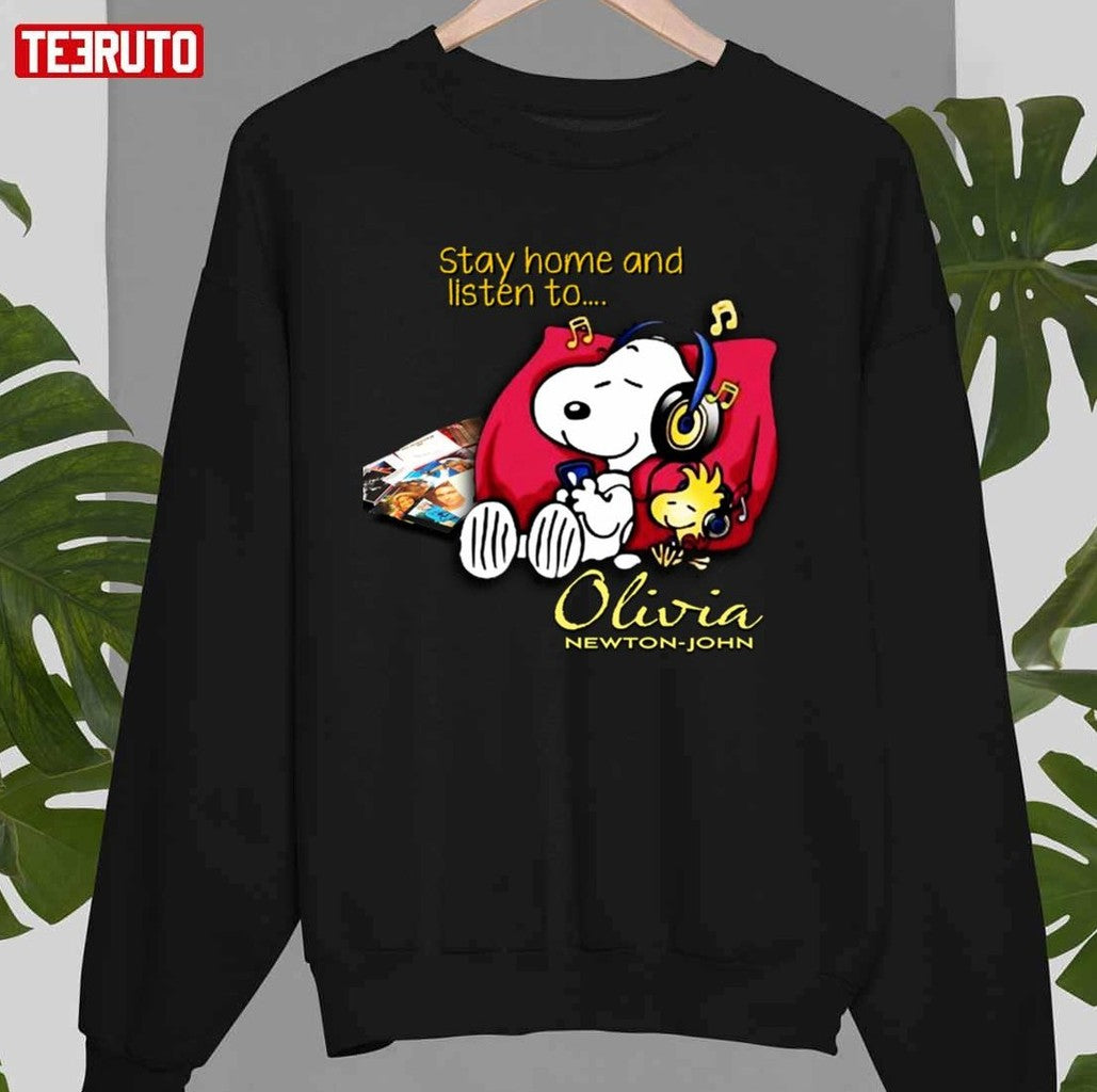 Stay Home And Listen To Olivia Newton-John Snoopy Unisex T-Shirt Hoodie, Sweatshirt | VibeTeeNation.com (Image 3)