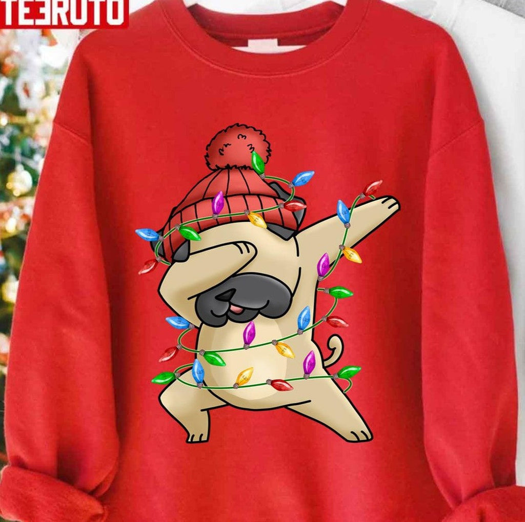 Pug Christmas Lights Santa Dabbing Through The Snow Unisex Sweatshirt T-Shirts, Hoodie | VibeTeeNation.com (Image 1)