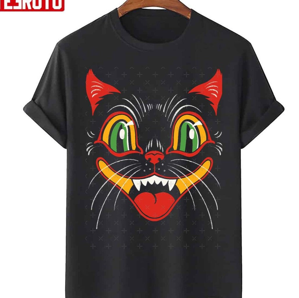 Retro Vintage Halloween Decor Black Cat Face Unisex T-Shirt Hoodie, Sweatshirt | VibeTeeNation.com (Image 1)