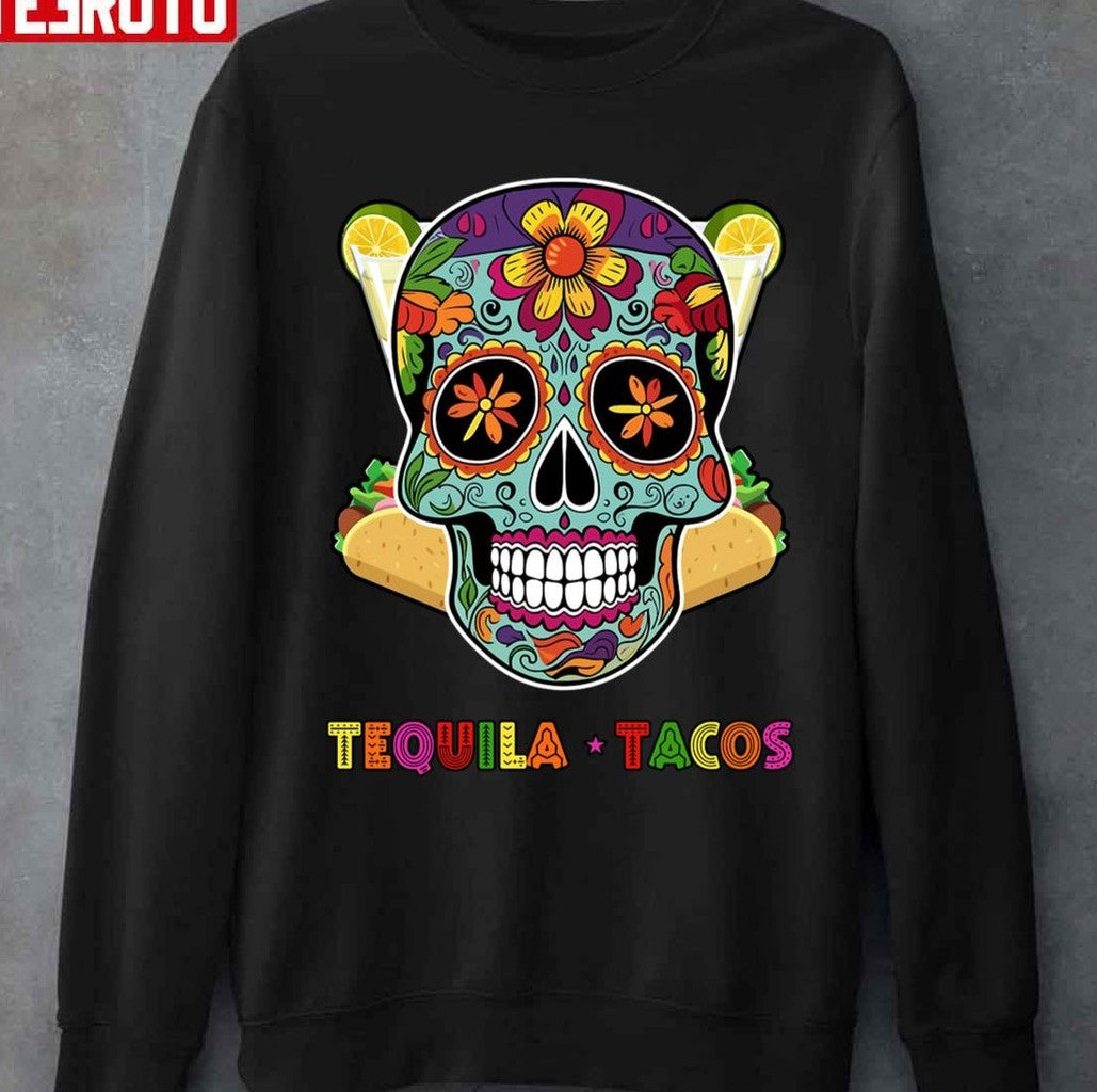 Tequila Tacos Cinco De Mayo Death Skull Artwork Unisex T-Shirt Hoodie, Sweatshirt | VibeTeeNation.com (Image 3)