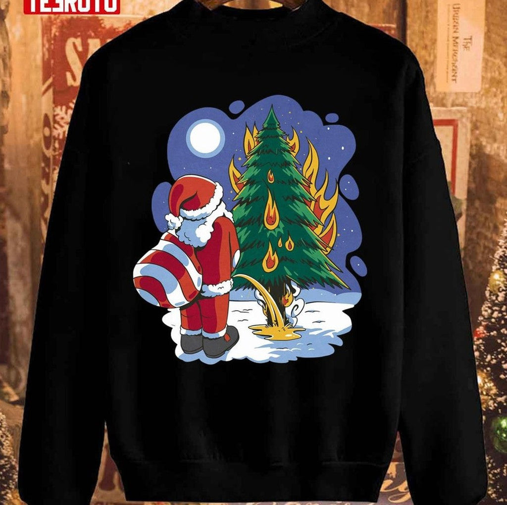 Santa Claus Peeing On A Burning Christmas Tree Unisex Sweatshirt T-Shirts, Hoodie | VibeTeeNation.com (Image 1)