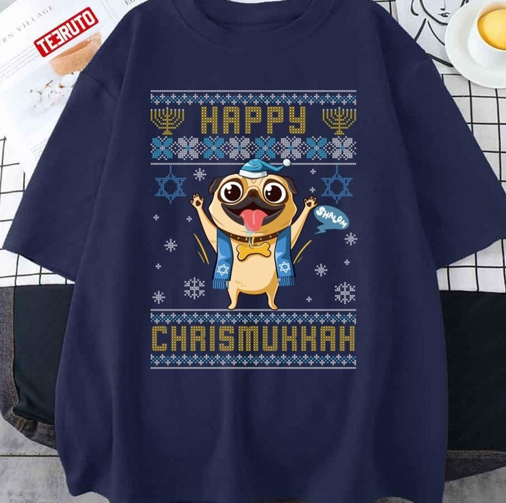 Pug Hanukkah Christmas Happy Chrismukkah Funny Unisex Sweatshirt T-Shirts, Hoodie | VibeTeeNation.com (Image 3)