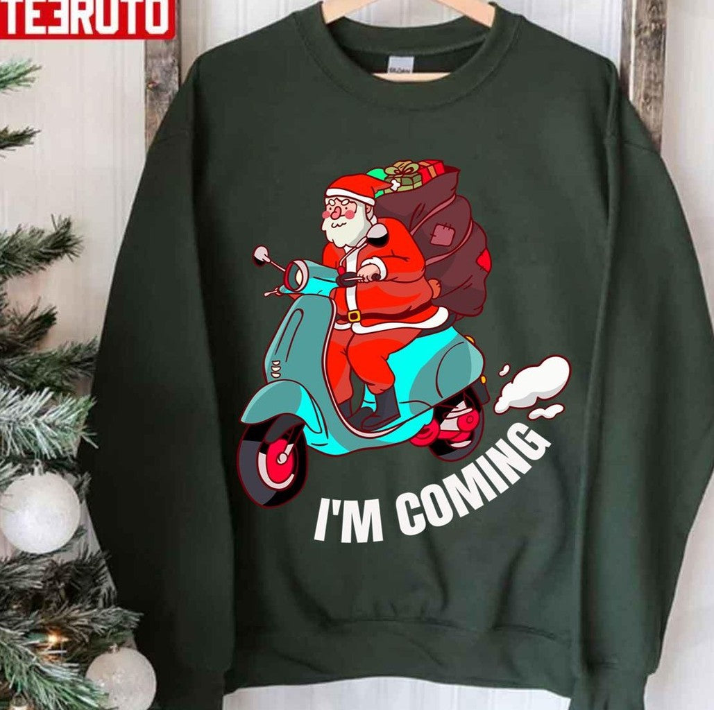 Santa Claus Arrives On A Scooter Christmas Party S Funny Unisex Sweatshirt T-Shirts, Hoodie | VibeTeeNation.com (Image 2)