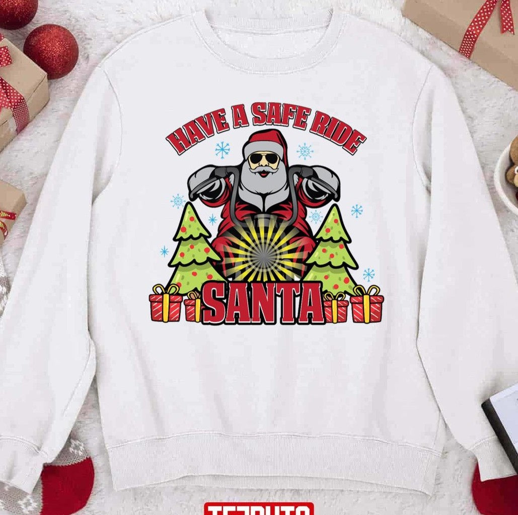 Santa Claus Happy Motorcycle Christmas Unisex Sweatshirt T-Shirts, Hoodie | VibeTeeNation.com (Image 1)