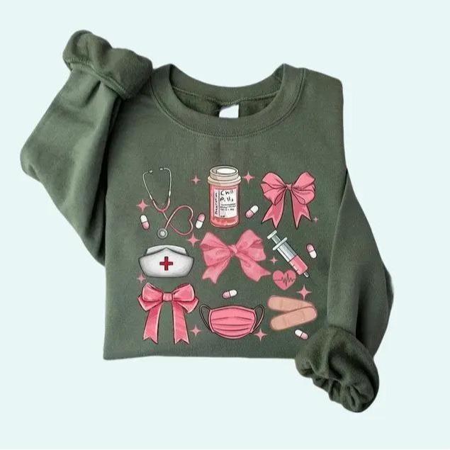 Work Cute Nurse Crewneck, Nurse Coquette Bow Sweater, NICU Sweaters, New Nurse Gift, Soft Girl Nurse Graduation... (Image 3)