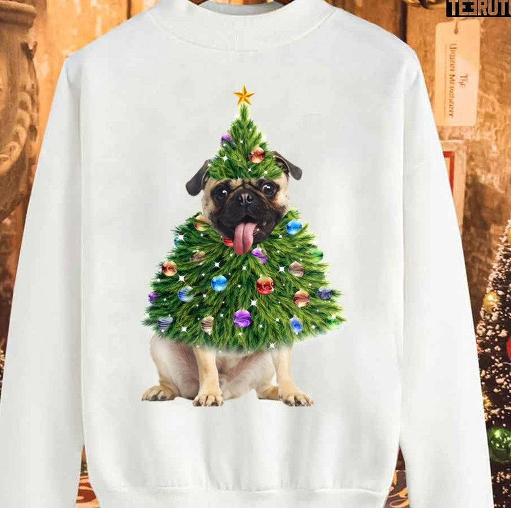 Pug Christmas Tree Lights Santa Unisex Sweatshirt T-Shirts, Hoodie | VibeTeeNation.com (Image 1)