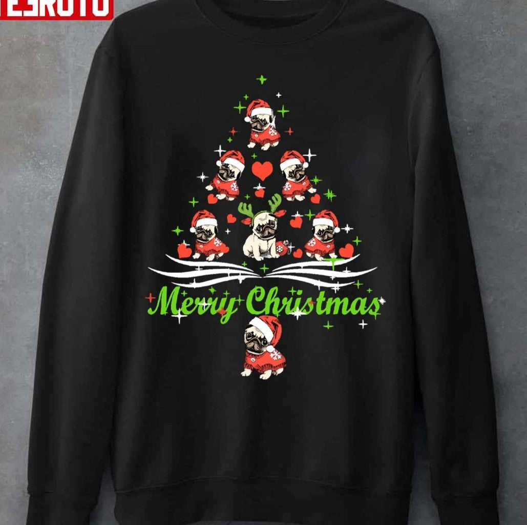 Pug Merry Christmas Funny December Festival Dog Unisex Sweatshirt T-Shirts, Hoodie | VibeTeeNation.com (Image 1)
