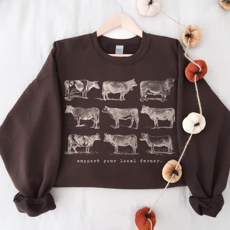 Support Your Local Farmer Cow Sweatshirt, Farm Animals Sweater, Farming Clothes Trendy Homesteading Crewneck... (Image 1)