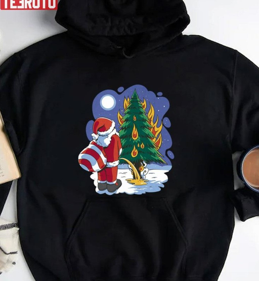 Santa Claus Peeing On A Burning Christmas Tree Unisex Sweatshirt T-Shirts, Hoodie | VibeTeeNation.com (Image 2)