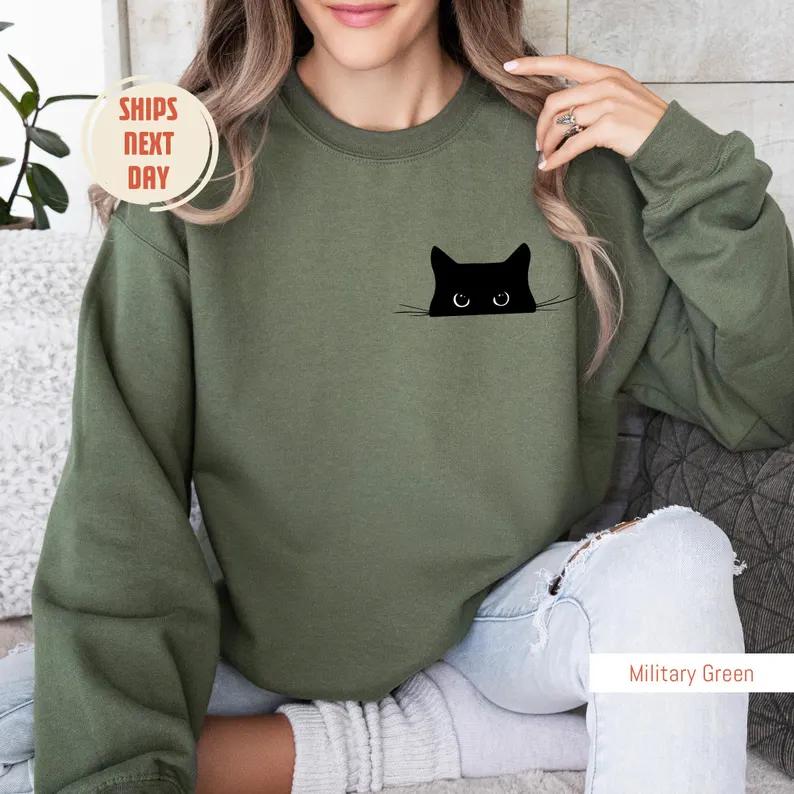 Cat Sweatshirt, Cute Cat Sweatshirt, Black Cat Shirt, Cat Peeking Sweatshirt, Womens Funny Sweater, Gift for... (Image 2)
