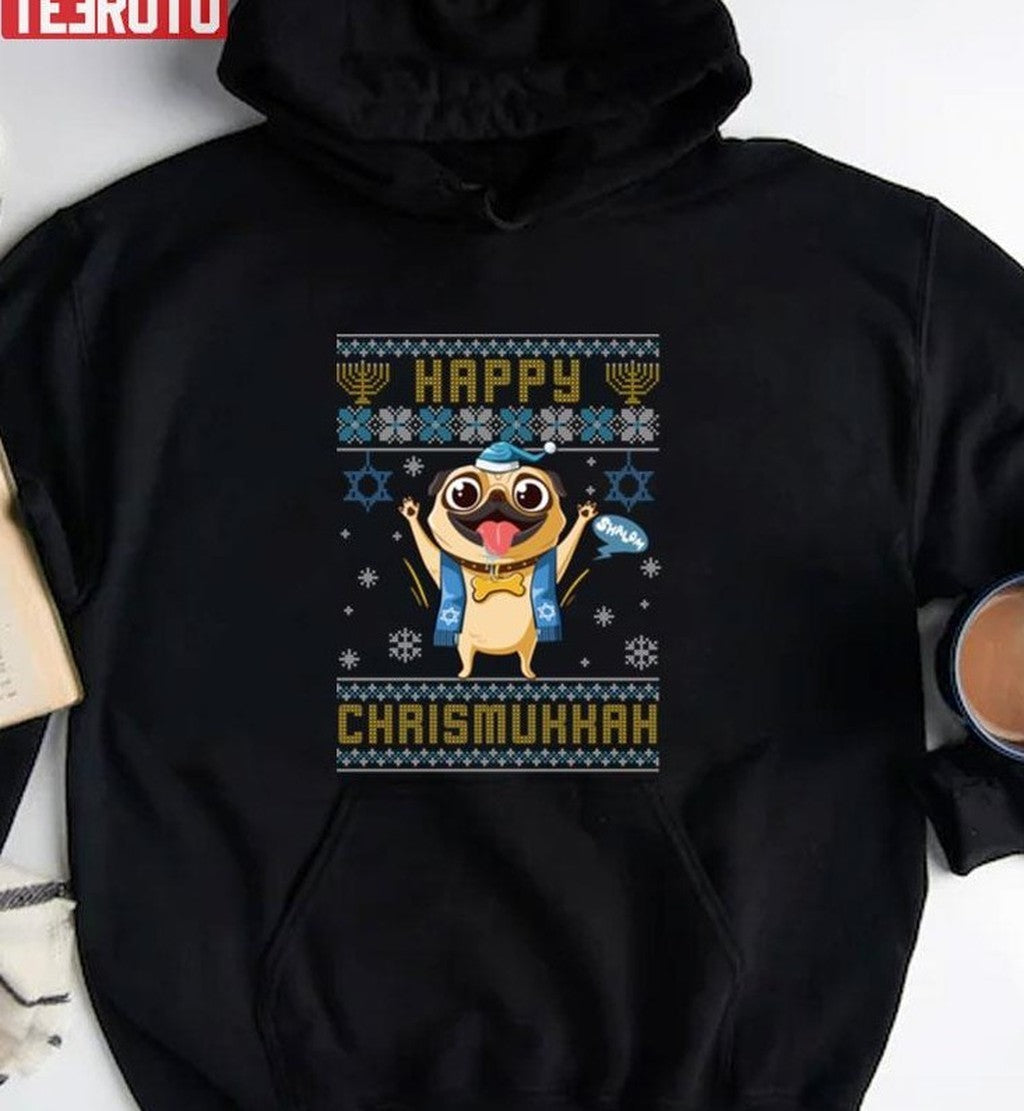 Pug Hanukkah Christmas Happy Chrismukkah Funny Unisex Sweatshirt T-Shirts, Hoodie | VibeTeeNation.com (Image 4)
