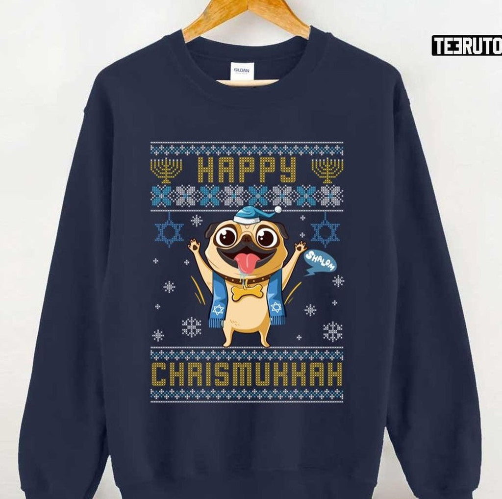 Pug Hanukkah Christmas Happy Chrismukkah Funny Unisex Sweatshirt T-Shirts, Hoodie | VibeTeeNation.com (Image 1)