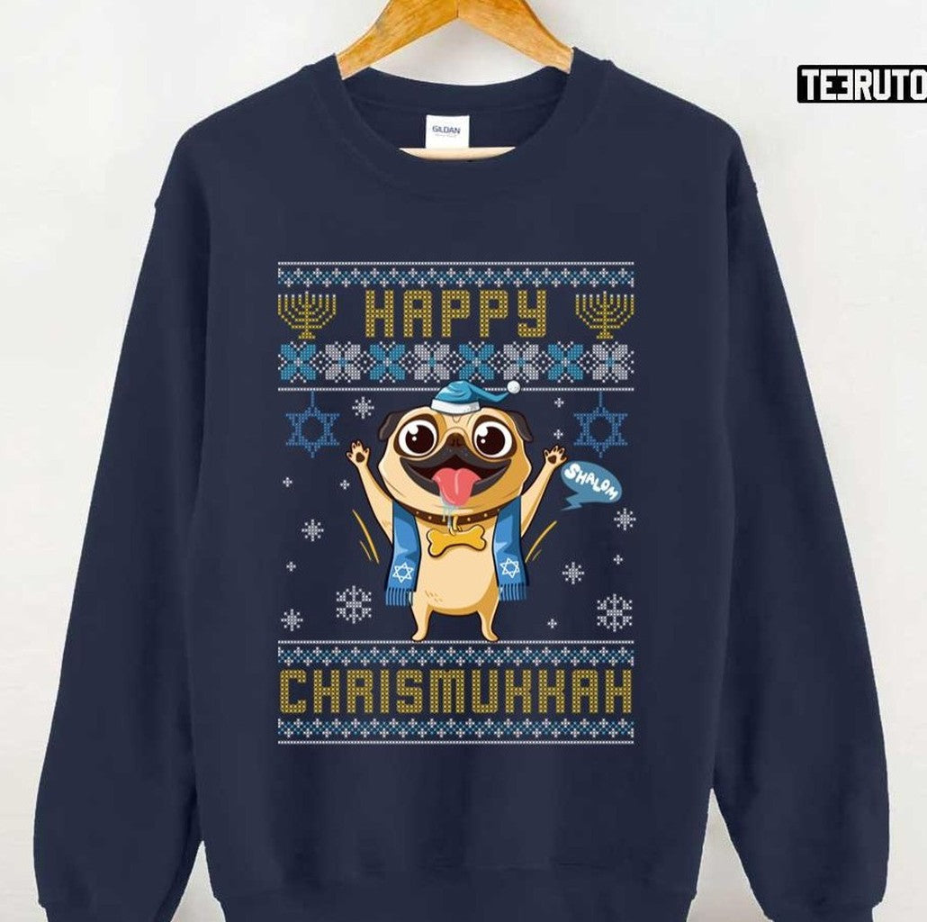 Pug Hanukkah Christmas Happy Chrismukkah Funny Unisex Sweatshirt T-Shirts, Hoodie | VibeTeeNation.com (Image 1)