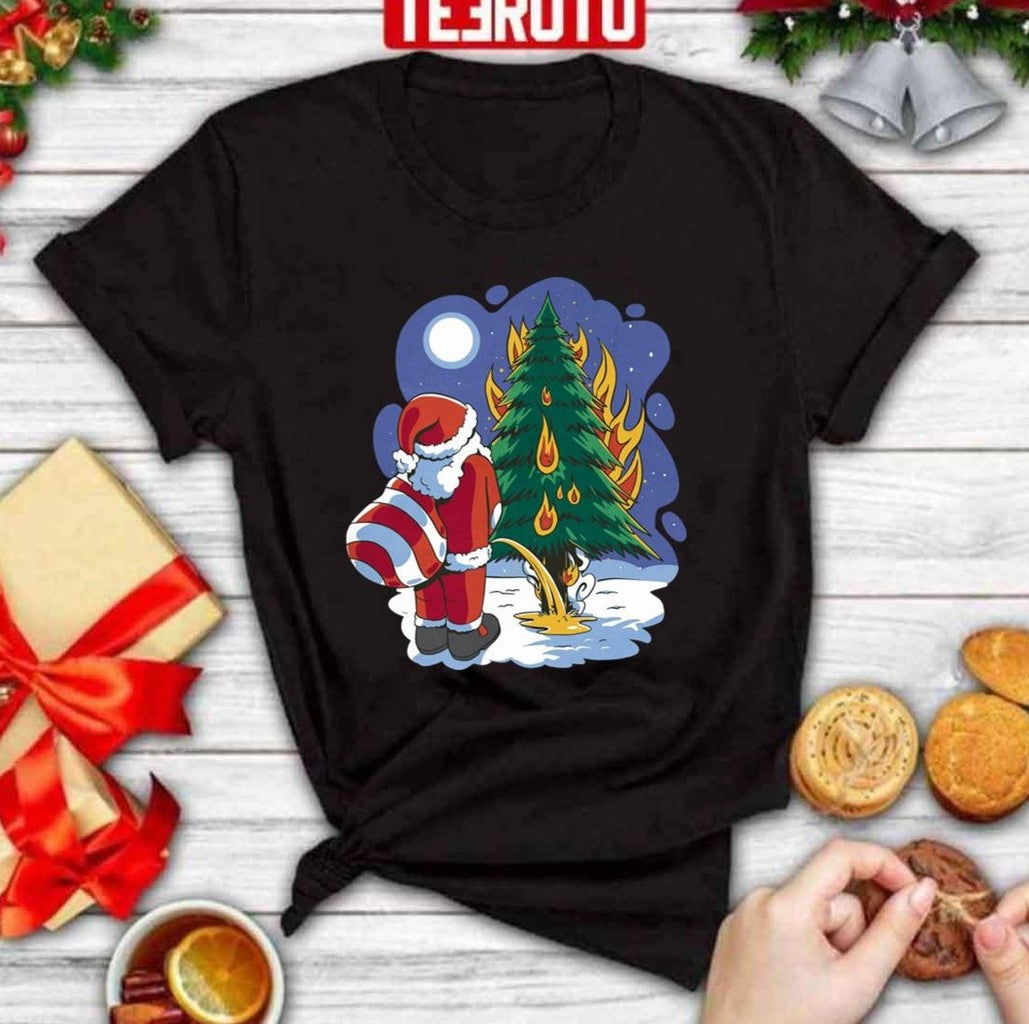 Santa Claus Peeing On A Burning Christmas Tree Unisex Sweatshirt T-Shirts, Hoodie | VibeTeeNation.com (Image 3)