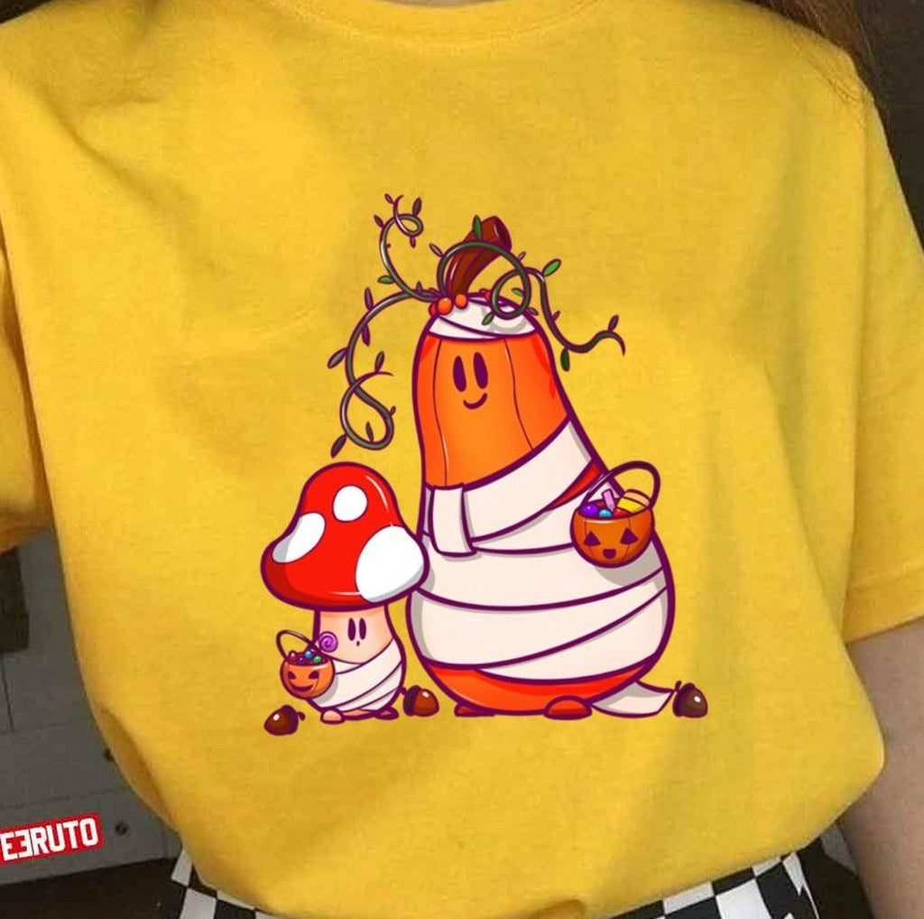 Pumpkin And Mushroom Dressed Up As Mummy Go On A Halloween Candy Hunt Thanksgiving Unisex T-shirt Hoodie,... (Image 1)
