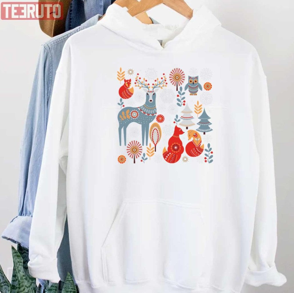 Scandinavian Christmas Pattern Deer Owls Foxes Trees Unisex Sweatshirt T-Shirts, Hoodie | VibeTeeNation.com (Image 3)