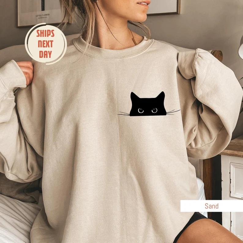 Cat Sweatshirt, Cute Cat Sweatshirt, Black Cat Shirt, Cat Peeking Sweatshirt, Womens Funny Sweater, Gift for... (Image 1)