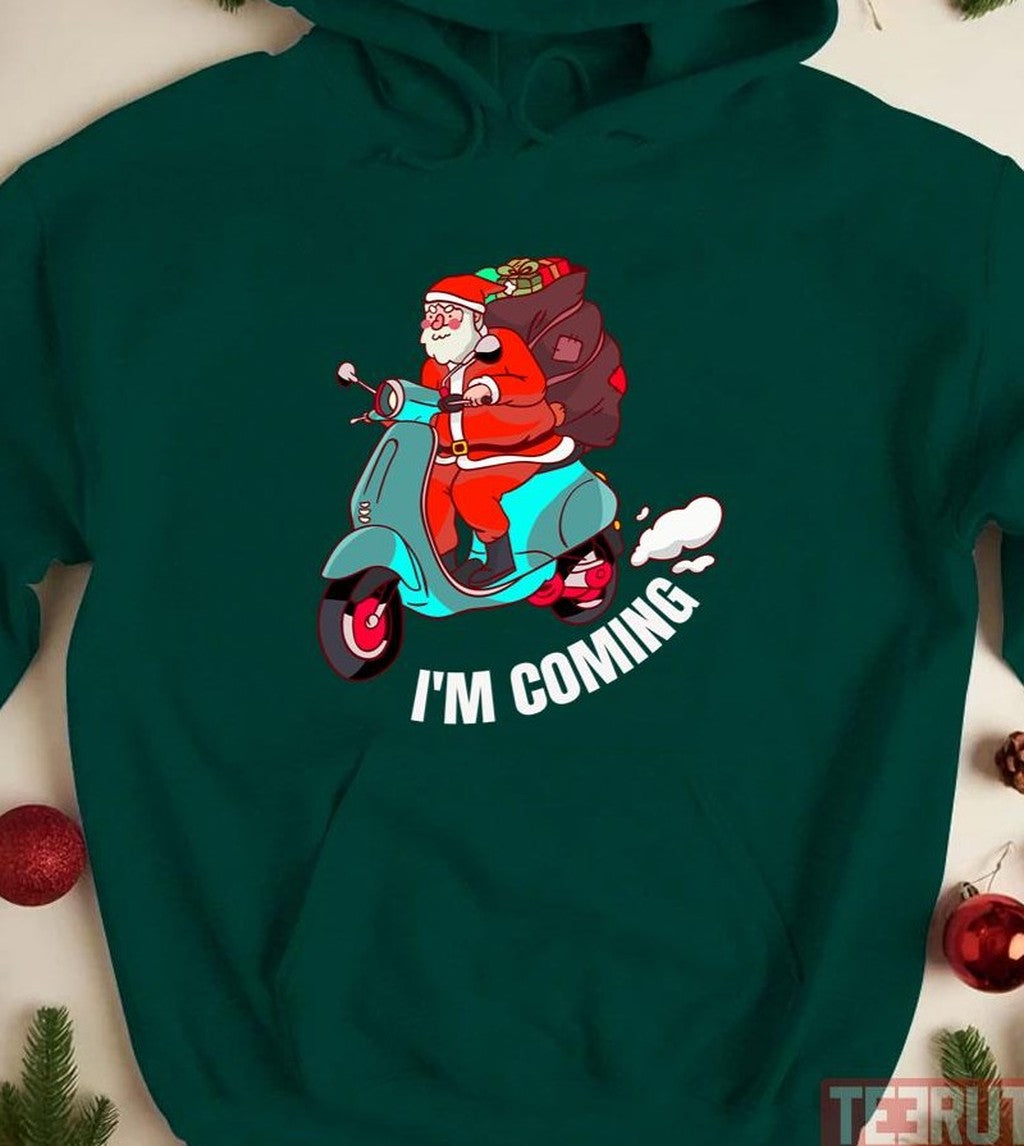 Santa Claus Arrives On A Scooter Christmas Party S Funny Unisex Sweatshirt T-Shirts, Hoodie | VibeTeeNation.com (Image 3)