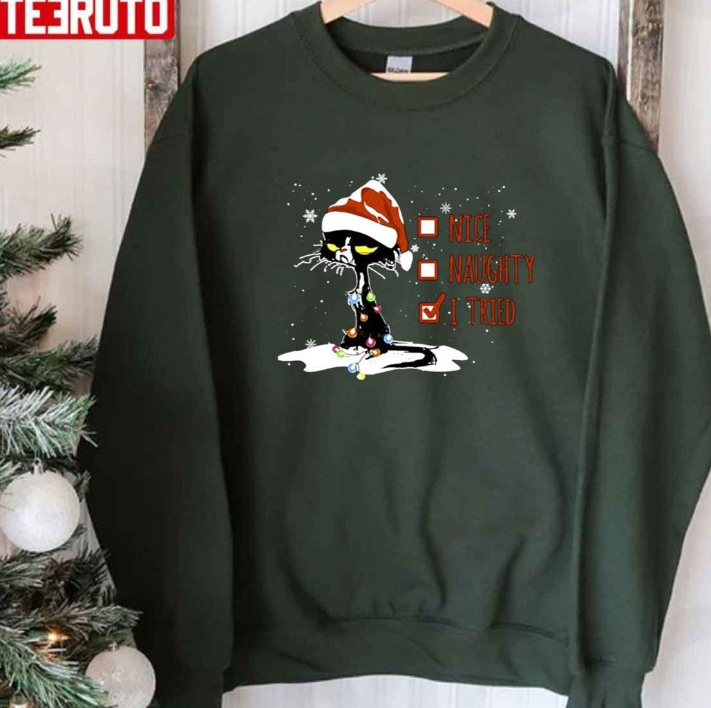 Santa Black Cat Nice Naughty I Tried Christmas Unisex Sweatshirt T-Shirts, Hoodie | VibeTeeNation.com