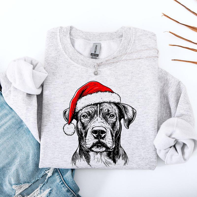 Pitbull, Santa, Dog, Christmas, Dog Lover, Pet Sweatshirt, Crew Neck, Women's, Crewneck T-Shirts, Hoodie (Image 1)