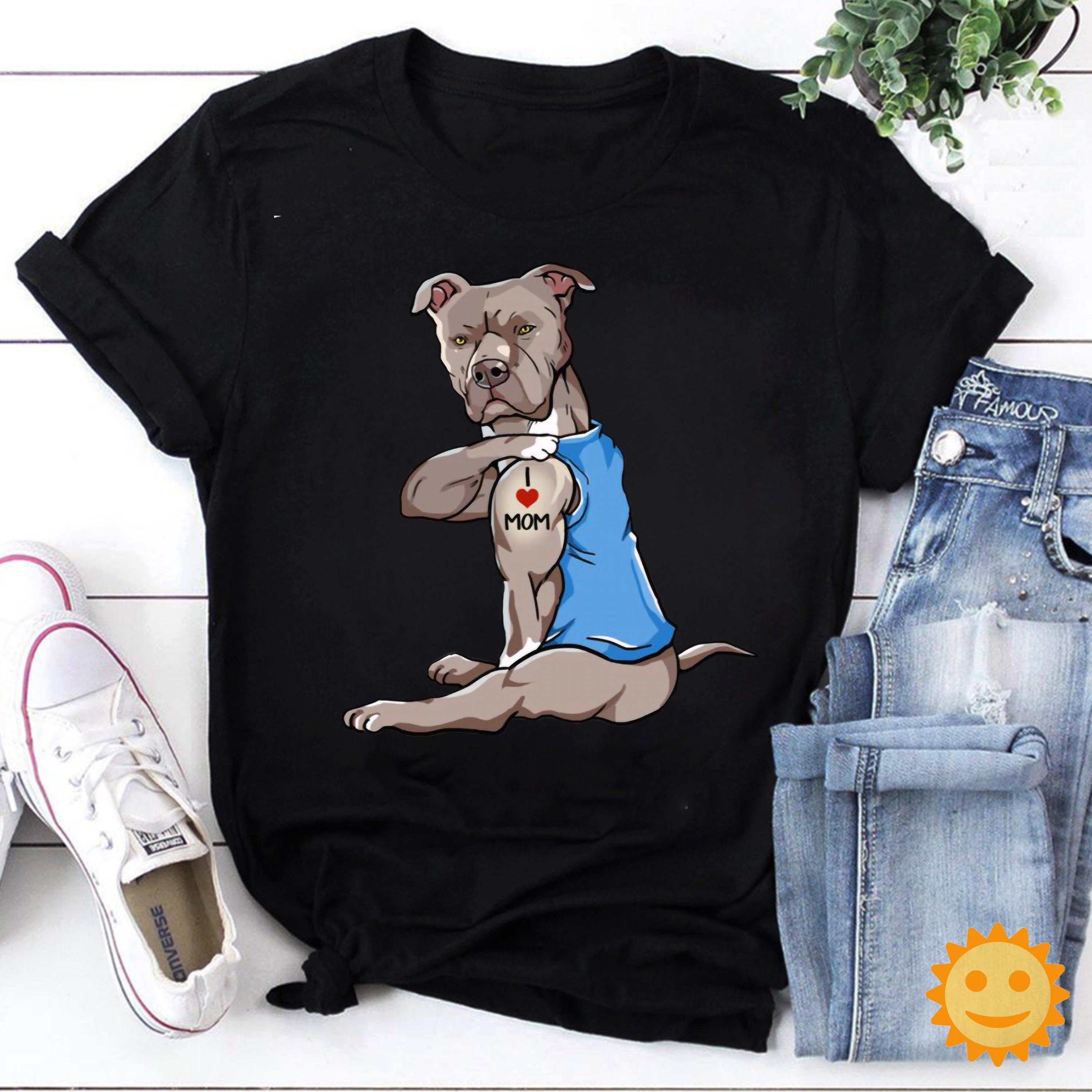 Black Pitbull Tattoos I Love Mom Vintage T-Shirt, Pitbull Mom Shirt, Mothers Day Shirt, Mother's Day Shirt, Dog... (Image 1)