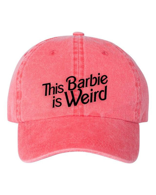 This Barbie Is Weird black thread on red/pink mineral wash soft structure dad hat