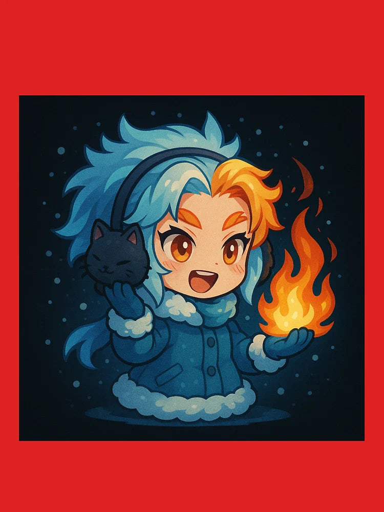 Frozen Flame Girl & Cat Earmuffs – Chibi Fire & Ice Anime Art Classic T-Shirt Hoodie, Sweatshirt (Image 3)