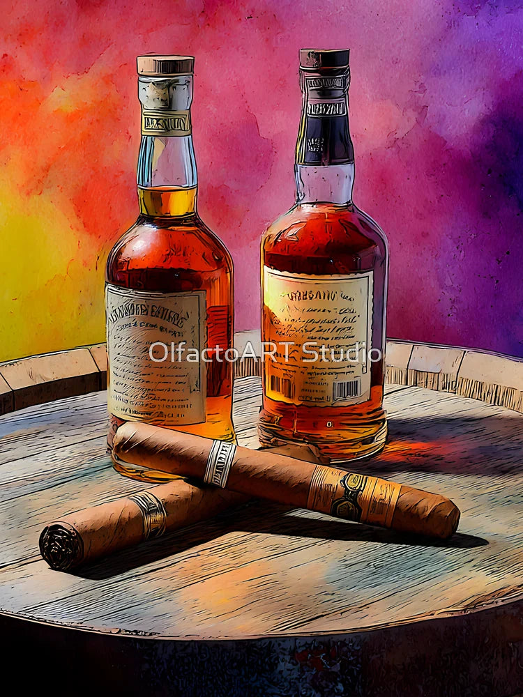 Whiskey Bottles and Cigars on Wooden Barrel - Vibrant Background of Luxury and Relaxation Classic T-Shirt... (Image 3)