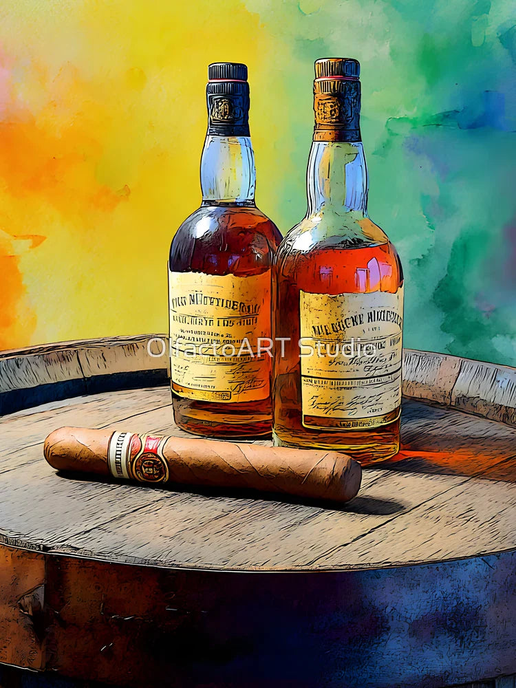 Whiskey Bottles and Cigar on Wooden Barrel - Lively Rainbow-Colored Background Classic T-Shirt Hoodie, Sweatshirt (Image 3)