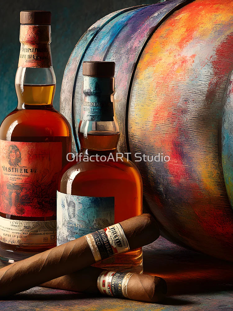 Whiskey Bottles and Cigars Beside Vividly Painted Barrel - Luxury and Indulgence in Rich Warm Hues Classic... (Image 3)