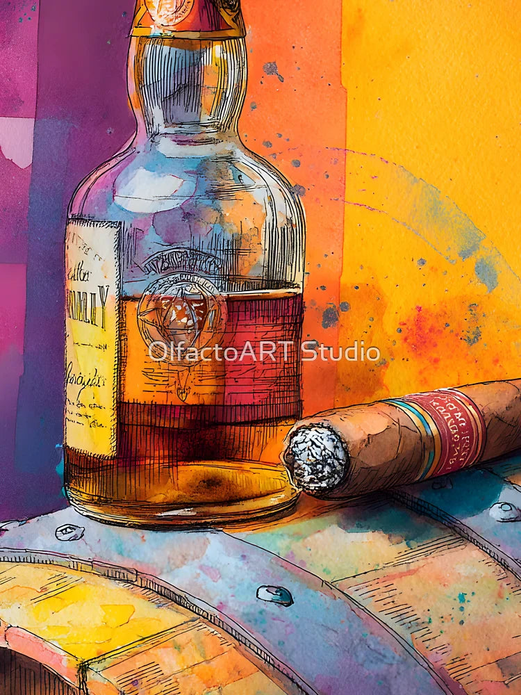 Whiskey Bottle and Cigar on Wooden Barrel - Vibrant Multicolored Splashes and Abstract Patterns Classic T-Shirt... (Image 3)