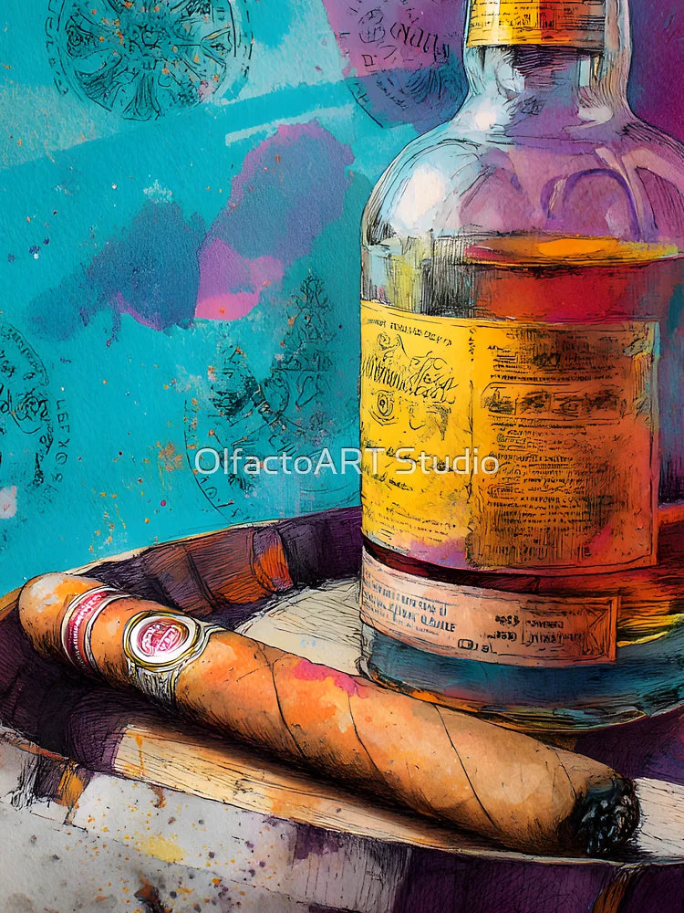Whiskey Bottle and Cigar on Aged Barrel - Artistic Stamps and Vibrant Colors Create Bold Contrast Classic... (Image 3)