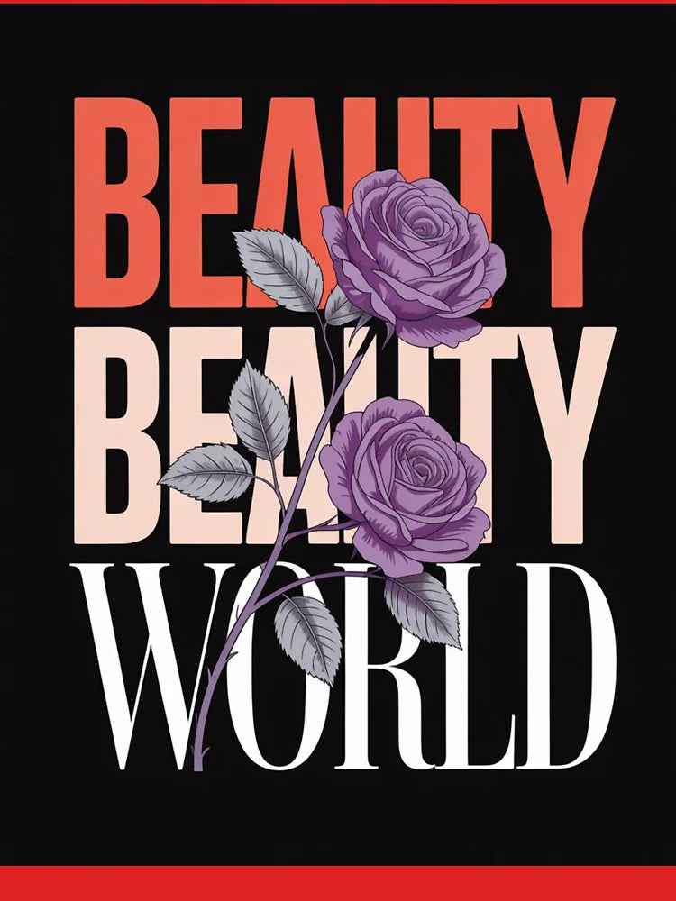 Elegant "Beauty World" Graphic Design with Purple Roses Classic T-Shirt Hoodie, Sweatshirt | VibeTeeNation.com (Image 3)