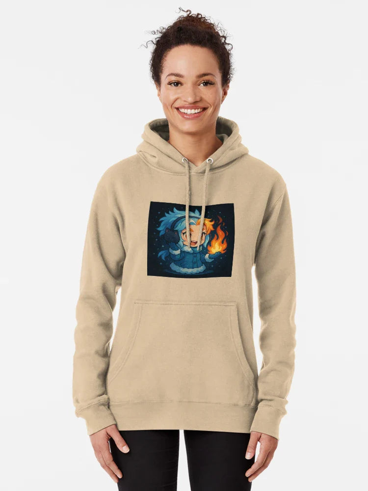 Frozen Flame Girl & Cat Earmuffs – Chibi Fire & Ice Anime Art Classic T-Shirt Hoodie, Sweatshirt (Image 5)
