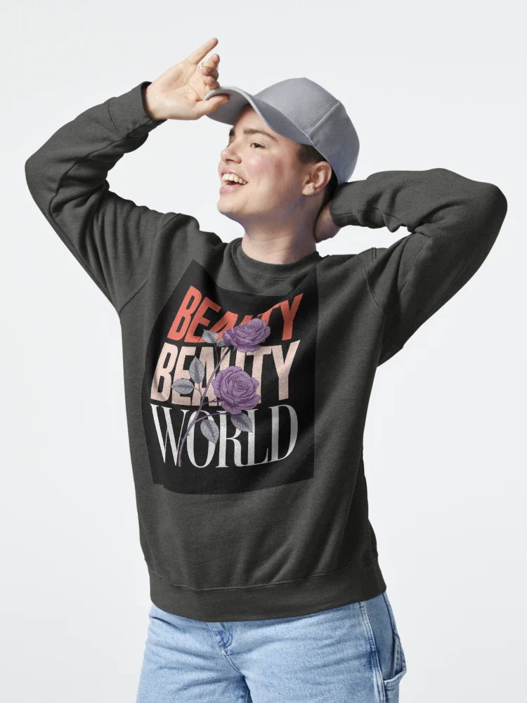 Elegant "Beauty World" Graphic Design with Purple Roses Classic T-Shirt Hoodie, Sweatshirt | VibeTeeNation.com (Image 4)